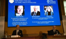 (g-d) Le prix Nobel de Physique est attribué au Britannique Roger Penrose, à l'Allemand Reinhard Genzel et à l'Américain Andrea Ghez, le 6 octobre 2020 à Stockholm