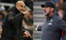 Photomontage des entraĂźneurs de Manchester City Pep Guardiola (g) et de Liverpool JĂŒrgen Klopp