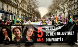 Plusieurs milliers de Kurdes manifestent le 6 janvier 2018 à Paris pour réclamer "vérité" et "justice" sur l'assassinat en 2013 dans la capitale française de trois militantes kurdes, Sakine Cansiz, Fidan Dogan and Leyla Soylemez