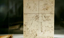 Les premiers dessins du poète Arthur Rimbaud réalisés en 1865 à l'âge de 10 ans exposés à Paris, le 4 février 2017 avant leur mise aux enchères par Sotheby's