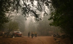 Jon Cappleman avec des pompiers sur son terrain, à Twain, en Californie, le 26 juillet 2021