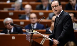 Le président François Hollande fait un discours devant l'Assemblée parlementaire du Conseil de l'Europe le 11 octobre 2016 à Strasbourg