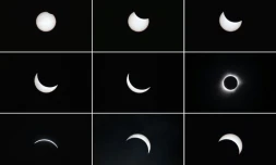 Montage montrant la lune passer devant le soleil pendant une éclipse totale vue à Ternate dans les ßles Maluku en Indonésie le 9 mars 2016