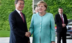 Le président sud-coréen Moon Jae-In lors d'une conférence de presse avec la chancelière Angela Merkel, le 5 juillet 2017 à Berlin