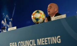 le président de la Fédération internationale de football Gianni Infantino en conférence de presse lors de la réunion du conseil de la Fifa, le 24 octobre 2019 à Shanghai