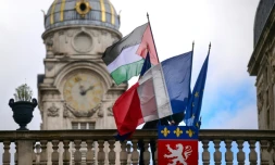 Un employé de la mairie place le drapeau palestinien à côté du drapeau français, du drapeau de Lyon et du drapeau de l'Union européenne, sur l'entrée de l'hôtel de ville de Lyon, le 22 septembre 2025