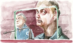 Ce dessin d’audience réalisé le 19 mai 2026 montre l’Allemand Martin Ney, accusé d’enlèvement et du meurtre du petit Jonathan Coulom, 10 ans, disparu en avril 2004, dans la salle d’audience lors du premier jour de son procès à Nantes