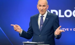 Le Premier ministre slovène Janez Jansa lors d'un débat télévisé à Ljubljana le 22 avril 2022