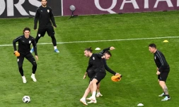Edinson Cavani, Luis Suarez et les Uruguayens à l'entraînement à Ekaterinbourg, le 14 juin 2018 à la veille du match contre l'Egypte 