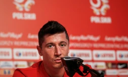 Le capitaine polonais Robert Lewandowski en conférence de presse à Sotchi le 25 juin 2018 lors du Mondial