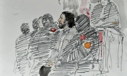 Croquis d'audience de Salah Abdeslam réalisé le 5 février 2018 lors de son procès devant un tribunal de Bruxelles