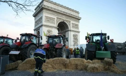 Des bottes de foin sont deversées devant l'Arc de Triomphe vendredi 1er mars 2024 dans une opération coup de poing menée par la Coordination rurale