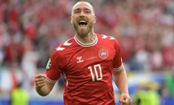 Le Danois Christian Eriksen aprÚs l'ouerture du score contre la Slovénie lors du premier match du groupe C de l'Euro-2024 le 16 juin 2024 à Stuttgart