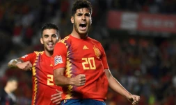 Le milieu de terrain de l'Espagne Marco Asensio (d) buteur lors de la victoire face à la Croatie 6-0 en 2e journée de Ligue des nations le 11 septembre 2018