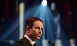 La socialiste Benoît Hamon, lors des 9e "rencontres de l'UDECAM", à Paris le 2 mars 2017