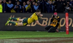 Le demi de mĂȘlĂ©e de l'Australie Nic White inscrit un essai contre les All Blacks lors du Rugby Championship, le 10 aoĂ»t 2019 Ă Perth