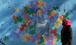 Une femme portant un masque devant une peinture murale à New Delhi le 19 décembre 2020