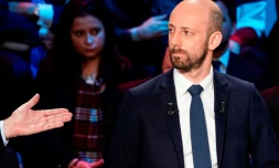 Le délégué général de La République en Marche Stanislas Guérini participe à un débat sur la chaßne Cnews, le 10 avril 2019 à Boulogne-Billancourt, en région parisienne