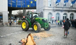 Un tracteur est stationné devant le Parlement européen, le 18 décembre 2025 à Bruxelles