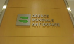 Logo de l'Agence mondiale antidopage pris au siège de l'organisme le 20 septembre 2016 à Montréal  