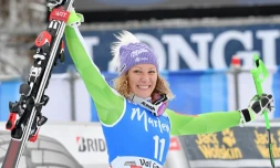 La joie de la Slovène Ilka Stuhec après sa victoire au super-G de Val Gardena, le 19 décembre 2018