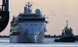 Le paquebot de croisière australien Greg Mortimer accoste au port de Montevideo, le 10 avril 2020 en Uruguay