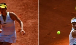 La Russe Anastasia Pavlyuchenkova (g) et la TchĂšque Barbora Krejcikova lors de leurs demi-finales de Roland-Garros, le 10 juin 2021