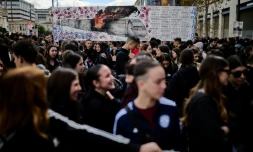 Manifestation d'étudiants à Athènes le 26 février 2026, à deux jours de l'anniversaire de la catastrophe ferroviaire de Tempé