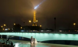 La Tour Eiffel et la statue du Zouave sous le pont de l'Alma à Paris, le 2 juin 2016
