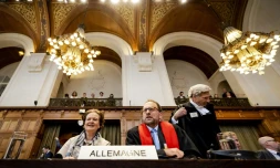 Audience devant la Cour internationale de Justice (CIJ) dans le cadre d'une affaire déposée par le Nicaragua contre l'Allemagne exigeant que les juges imposent des mesures d'urgence pour empêcher Berlin de fournir à Israël des armes et d'autres aides, le 8avril 2024 à La Haye