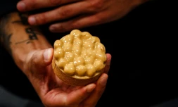 Le chef pùtissier niçois Philippe Tayac prépare des tartelettes aux noisettes et au chocolat "blond" chez le chocolatier Valrhona à Paris le 1er mars 2024