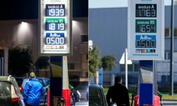 Combinaison d'images créée le 22 mars 2026 du prix à la pompe à Burgos, dans le nord de l'Espagne le 20 mars 2026, à gauche, et à droite le prix après les mesures gouvernementales espagnoles le 22 mars 2026