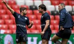 Les joueurs du Racing 92, Teddy Iribaren, Henry Chavancy et Wenceslas Lauret à Bilbao, le 11 mai 2018 avant la finale de Coupe d'Europe face à Leinster