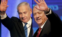 Photo-montage créé le 18 septembre 2019 montrant le Premier ministre israĂ©lien Benjamin Netanyahu (Ă gauche) et son ex-rival Benny Gantz (Ă droite), Ă la tĂȘte du parti Bleu-Blanc