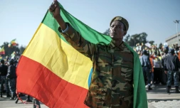 Un homme en treillis tient le drapeau éthiopien lors d'un rassemblement progouvernemental à Addis Abeba, le 7 novembre 2021