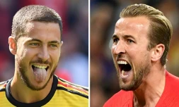 Les attaquants Eden Hazard (g), le Belge, et Harry Kane l'Anglais, dans un photomontage réalisé le 12 juillet 2018 