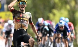 La joie du Français Christophe Laporte, vainqueur de la 19e étape du Tour de France entre Castelnau-Magnoac et Cahors, le 22 juillet 2022