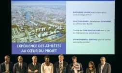 Annonce du choix du site de Saint-Denis/Pleyel pour accueillir le Village olympique en cas de victoire de la candidature de Paris aux JO-2024, le 5 novembre 2015 au Stade de France