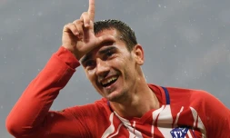 L'attaquant français de l'Atletico Madrid Antoine Griezmann vient de marquer lors de la finale de l'Europa League contre Marseille, le 16 mai 2018 à Lyon  