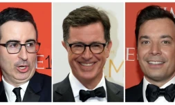 Montage photo montrant John Oliver et Jimmy Fallon (d) à New York le 21 avril 2015, et Stephen Colbert (c) le 25 août 2014 à Los Angeles