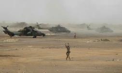 Des hélicoptères Tigre sur une base de la région de la Gourma, au Mali, le 27 mars 2019