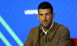 Novak Djokovic le 24 août 2024 en conférence de presse en amont de l'US Open, à l'USTA Billie Jean King National Tennis Center, à New York