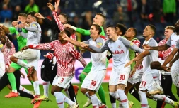 La joie des joueurs de Salzbourg, après avoir battu Lille, 2-1, lors de leur match de poule de la Ligue des Champions, le 29 septembre 2021 à Salzbourg