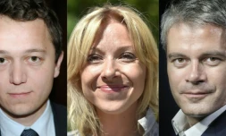 COMBO de photos crée le 26 octobre 2017 montrant les trois candidats à la présidence des Républicains: Mael de Calan, Florence Portelli et Laurent Wauquiez