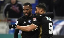 La joie des Lyonnais Alexandre Lacazette et Nabil Fekir après un but contre Montpellier, le 8 janvier 2017 au Parc OL