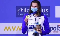 Marie Wattel médaillée d'or sur 100 m papillon aux Championnats d'Europe de Budapest, le 18 mai 2021