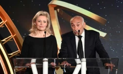 Le président de l'UNFP, Philippe Piat (à dr.) et la présidente de la LFP, Nathalie Boy de La Tour, à la remise des trophées de l'UNFP à Paris le 13 mai 2018