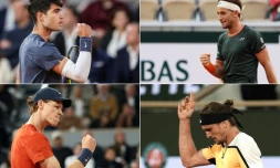 Photomontage des demi-finalistes de Roland-Garros Carlos Alcaraz (en haut Ă gauche), Jannik Sinner (en bas Ă gauche), Casper Ruud (en haut Ă droite) et Alexander Zverev (en bas Ă droite)