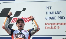 L'Espagnol Marc Marquez (Honda)après sa victoire au GP de Thaïlande de MotoGP le 6 octobre 2019 à Buriram.