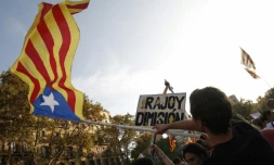 Pendant une manifestation à Barcelone, le 3 octobre 2017, journée de grève générale contre les violences policières